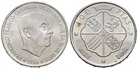 Estado Español (1936-1975). 100 pesetas. 1966*19-69. Madrid. (Cal 2019-149). Ag. 19,10 g. Palo recto. Golpecito en el canto. SC. Est...250,00. // ENGL...