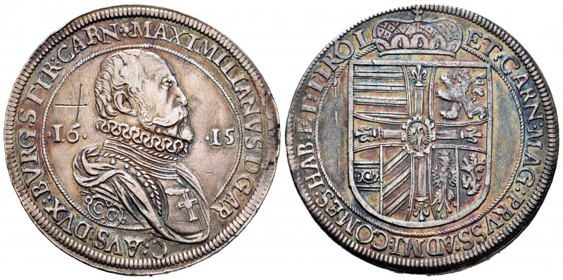 Austria. Maximilian. 1 thaler. 1615. Hall. (Dav-3321). Ag. 28,28 g. Rayas en anv...