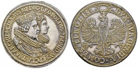Austria. Leopold V. Doble taler. (1626). Hall. (Km-639). (Dav-3331). Anv.: Bustos coronados de Leopoldo y Claudia de Médicis. Rev.: Águila del Tirol. ...