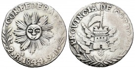 Argentina. 2 reales. 1844. Córdoba. (Km-23). Ag. 6,74 g. MBC. Est...100,00. // ENGLISH: Argentina. 2 reales. 1844. Córdoba. (Km-23). Ag. 6,74 g. VF. E...
