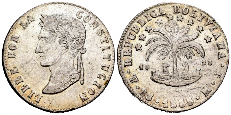 Bolivia. 8 soles. 1855. Potosí. MJ. (Km-112.2). Ag. 26,85 g. Rayitas. MBC+. Est....