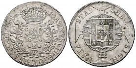 Brasil. Joannes VI. 960 reis. 1820. Río de Janeiro. R. (Km-326.1). (Gomes-25.10). Ag. 27,00 g. Acuñada sobre un 8 reales de Carlos IV de Potosí con en...
