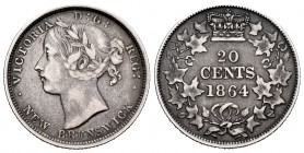Canadá. Victoria. 20 cents. 1864. New Brunswick. (Km-9). Ag. 4,55 g. MBC. Est...150,00. // ENGLISH: Canada. Victoria Queen. 20 cents. 1864. New Brunsw...
