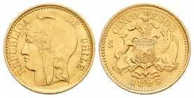 Chile. 5 pesos. 1895. Santiago. (Km-153). Au. 3,04 g. EBC. Est...220,00. // ENGLISH: Chile. 5 pesos. 1895. Santiago. (Km-153). Au. 3,04 g. XF. Est...2...