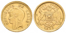Chile. 10 pesos. 1895. Santiago. (Km-154). Au. 5,95 g. EBC. Est...350,00. // ENGLISH: Chile. 10 pesos. 1895. Santiago. (Km-154). Au. 5,95 g. XF. Est.....