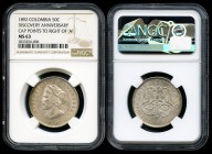 Colombia. 50 centavos. 1892. (Km-187.2). Ag. IV Aniversario Descubrimiento de América. Encapsulada por NGC como MS 63 - (cap points to right of A). Es...