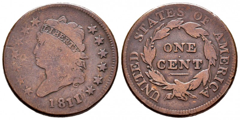 Estados Unidos. 1 cent. 1811/0. Philadelphia. (Km-39). Ae. 10,76 g. Sobrefecha. ...