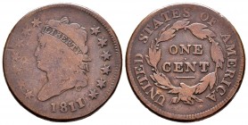 Estados Unidos. 1 cent. 1811/0. Philadelphia. (Km-39). Ae. 10,76 g. Sobrefecha. Rara. BC/BC+. Est...350,00. // ENGLISH: United States. 1 cent. 1811/0....