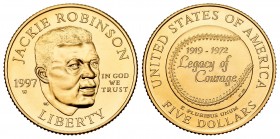 Estados Unidos. 5 dollars. 1997. W (West Point). (Km-280). Au. 8,36 g. Jackie Robinson. Rara. SC. Est...650,00. // ENGLISH: United States. 5 dollars. ...