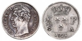 Francia. Charles X. 1/4 franco. 1828. París. A. (Km-722.1). Ag. 1,28 g. MBC+. Est...65,00. // ENGLISH: France. Charles X. 1/4 franco. 1828. Paris. A. ...