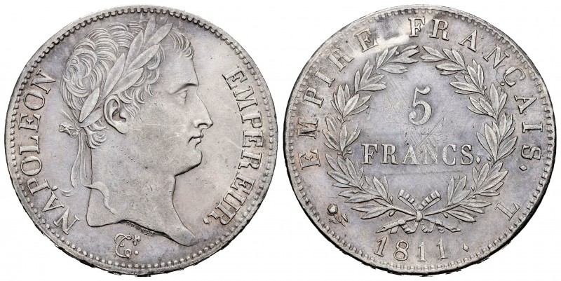 Francia. Napoleón Bonaparte. 5 francos. 1811. Bayona. L. (Km-694.9). (Gad-584). ...