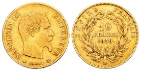Francia. Napoleón III. 10 francos. 1859. Estrasburgo. BB. (Gad-1014). (Fried-576). Au. 3,17 g. MBC-. Est...120,00. // ENGLISH: France. Napoleon III. 1...