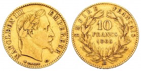 Francia. Napoleón III. 10 francos. 1866. Estrasburgo. BB. (Gad-1015). (Fried-587). Au. 3,16 g. MBC-. Est...120,00. // ENGLISH: France. Napoleon III. 1...