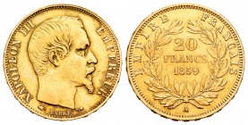 Francia. Napoleón III. 20 francos. 1859. París. A. (Km-781.1). (Gad-1061). (Fried-573). Au. 6,42 g. Limpiada. EBC-. Est...240,00. // ENGLISH: France. ...