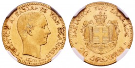 Grecia. George I. 20 dracmas. 1876. París. A. (Km-49). Au. Encapsulada por NGC como AU 53. Est...400,00. // ENGLISH: Greece. George I. 20 dracmas. 187...