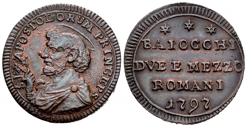 Italia. Estados Papales. Pío VI. 2 1/2 baiocchi. 1797. Roma. (Km-1240). Ae. 15,1...