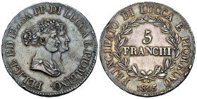 Italia. Ducado de Lucca. Elisa Bonaparte e Felice Baciocchi. 5 francos. 1805. (Km-24.2). Ag. 24,92 g. Punto detrás de la fecha. Golpes en el canto. Pá...