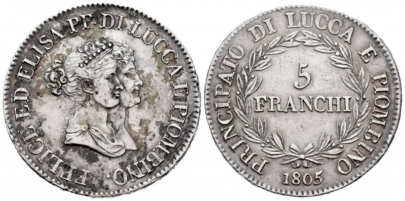 Italia. Ducado de Lucca. 5 francos. 1805. (Mir-Toscana 244). (Km-24.3). Anv.: FE...