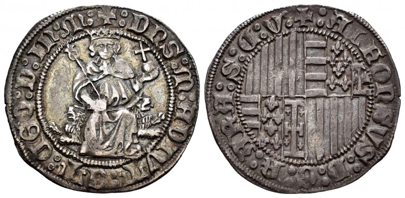 Italia. Alfonso I. Carlino. Nápoles. (Mir-55 variante). Ag. 3,42 g. Cuarteles in...