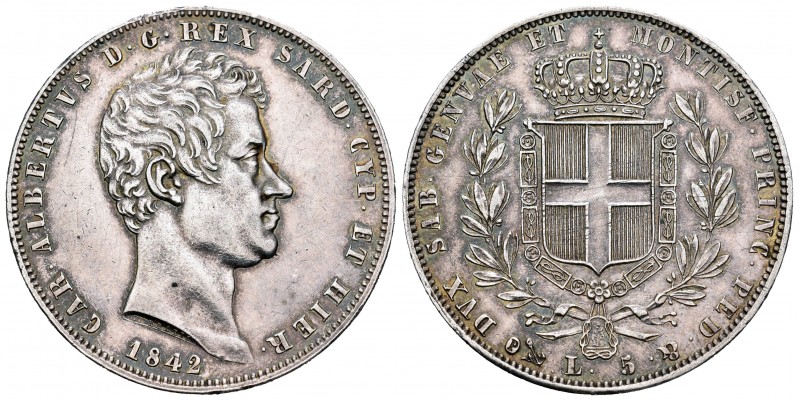 Italia. Carlo Alberto. 5 liras. 1842. Génova. (Pagani-251). Ag. 25,09 g. Pátina....