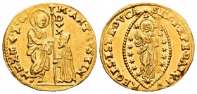 Italia. Marcantonio Giustinian. Zecchino. (1684-88). Venecia. (Gamberini-1059). (Fried-1341). Anv.: El Dux arrodillado a la izquierda ante San Marcos;...