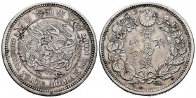 Japón. Mutsuhito. Trade dollar. Año 8 (1875). (Km-Y14 variante). Ag. 27,10 g. Resellos orientales. MBC+. Est...200,00. // ENGLISH: Japan. Mutsuhito. T...
