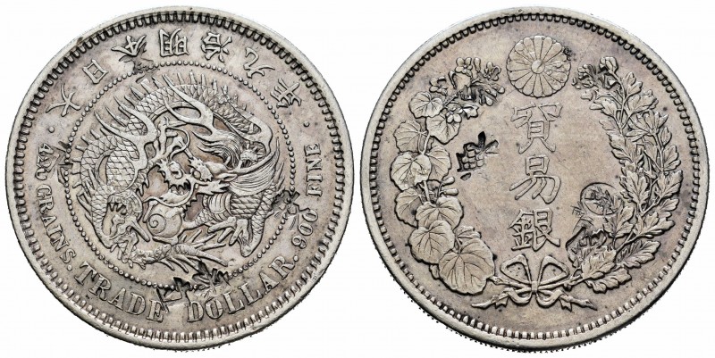 Japón. Mutsuhito. Trade dollar. Año 9 (1876). (Km-Y14 variante). Ag. 27,16 g. Re...