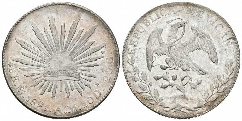 México. 8 reales. 1891. México. AM. (Km-377.10). Ag. 27,09 g. Restos de brillo o...