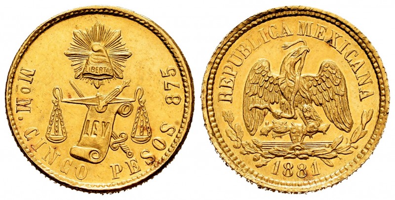 México. 5 pesos. 1881. (Km-412.6). (Fried-139). Au. 8,48 g. Brillo original. Esc...