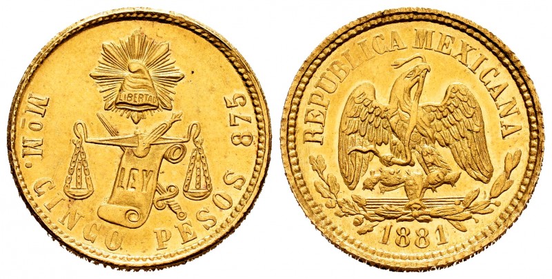 México. 5 pesos. 1881. (Km-412.6). (Fried-139). Au. 8,47 g. Brillo original. Esc...