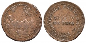 Perú. 1/8 de peso. 1823. Lima. (Km-137). Ae. 4,67 g. MBC. Est...25,00. // ENGLISH: Peru. 1/8 de peso. 1823. Lima. (Km-137). 4,67 g. VF. Est...25,00.