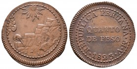 Perú. 1/4 de peso. 1823. Lima. V. (Km-138). Ae. 8,24 g. MBC+. Est...50,00. // ENGLISH: Peru. 1/4 de peso. 1823. Lima. V. (Km-138). 8,24 g. Choice VF. ...