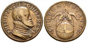 Felipe II (1556-1598). Medalla bronce frundido. (1588). (Patrimonio-4). Ae. 16,08 g. Lepanto. SIC ERA IN FATIS. Grabador Jacomo Trezzo. 30 mm. MBC. Es...