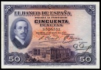 50 pesetas. 1927. Madrid. (Ed 2017-326). 17 de mayo, Alfonso XIII y Teatro Real. Sin serie. Doblez central. MBC+. Est...40,00. // ENGLISH: 50 pesetas....