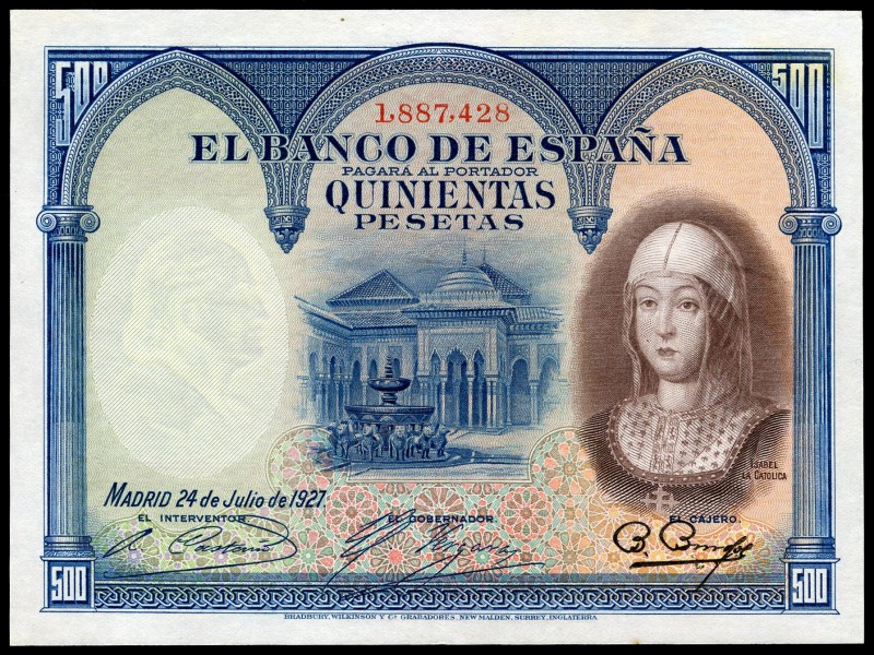 500 pesetas. 1927. Madrid. (Ed 2017-352). 24 de julio, Isabel la Católica. Sin s...