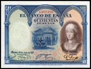 500 pesetas. 1927. Madrid. (Ed 2017-352). 24 de julio, Isabel la Católica. Sin serie. Doblez central. EBC-. Est...60,00. // ENGLISH: 500 pesetas. 1927...