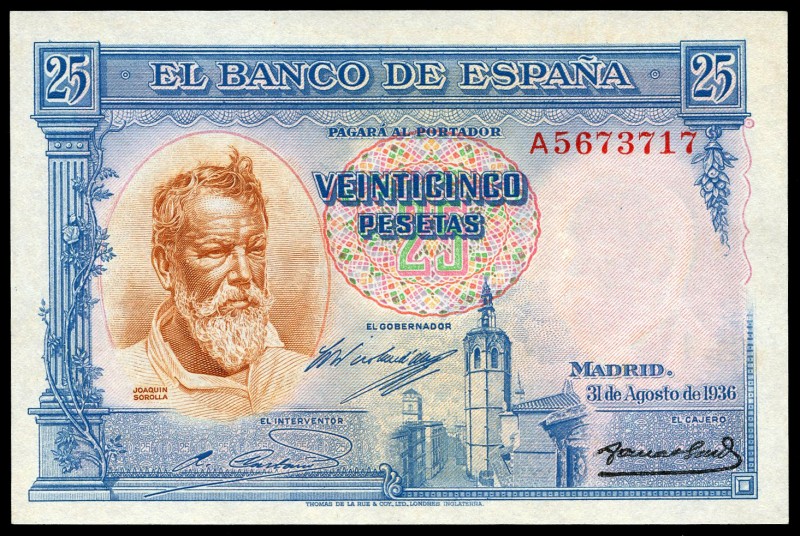 25 pesetas. 1936. Madrid. (Ed 2017-367a). 31 de agosto, Joaquín Sorolla. Serie A...