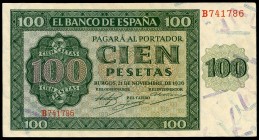 100 pesetas. 1936. Burgos. (Ed 2017-421a). 21 de noviembre, Catedral de Burgos. Serie B. Levísimo doblez central. SC-. Est...40,00. // ENGLISH: 100 pe...