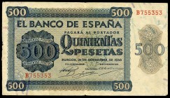 500 pesetas. 1936. Burgos. (Ed 2017-422a). 21 Noviembre, Catedral de Salamanca. Serie B. Dobleces y pequeñas roturas. Escaso. MBC-. Est...120,00. // E...