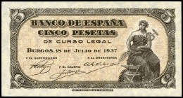 5 pesetas. 1937. Burgos. (Ed 2017-424). 18 de julio, alegoría del Comercio, la Industria y la Agricultura. Sin serie. Escaso. SC. Est...100,00. // ENG...