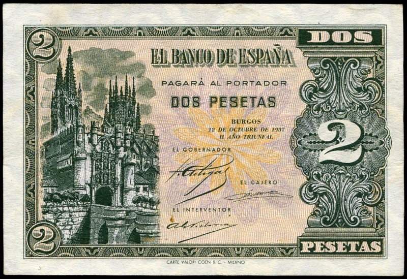 2 pesetas. 1937. Burgos. (Ed 2017-426). 12 de octubre, Arco de Santa María y Cat...