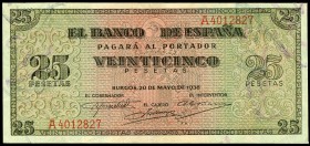 25 pesetas. 1938. Burgos. (Ed 2017-430). 20 de mayo, Giralda de Sevilla. Serie A. Leve doblez. EBC. Est...50,00. // ENGLISH: 25 pesetas. 1938. Burgos....