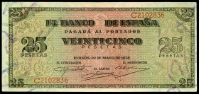 25 pesetas. 1938. Burgos. (Ed 2017-430a). 20 de mayo, Giralda de Sevilla. Serie C. Mínimo doblez central. EBC+. Est...50,00. // ENGLISH: 25 pesetas. 1...