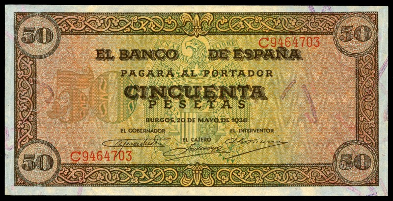50 pesetas. 1938. Burgos. (Ed 2017-431a). 20 de mayo, Castillo de Olite. Serie C...