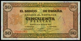 50 pesetas. 1938. Burgos. (Ed 2017-431a). 20 de mayo, Castillo de Olite. Serie C. Doblez central. EBC. Est...65,00. // ENGLISH: 50 pesetas. 1938. Burg...