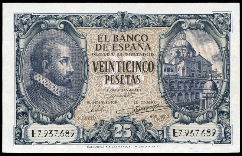 25 pesetas. 1940. Madrid. (Ed 2017-436a). 9 de enero, Juan de Herrera. Serie E. ...