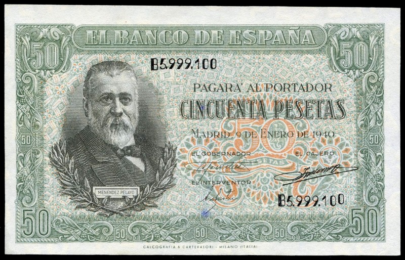 50 pesetas. 1940. Madrid. (Ed 2017-437a). 9 de enero, Marcelino Menéndez Pelayo....