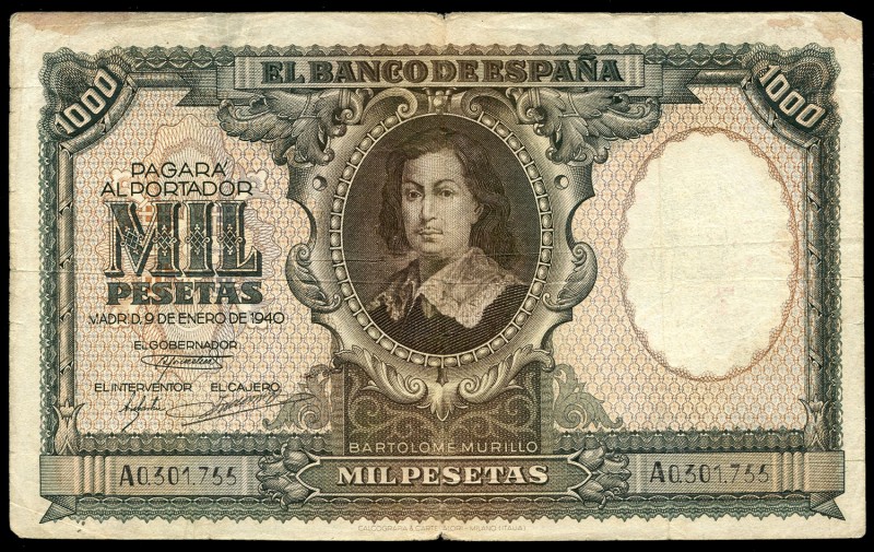 1000 pesetas. 1940. Madrid. (Ed 2017-440). 9 de enero, busto de Bartolomé Murill...
