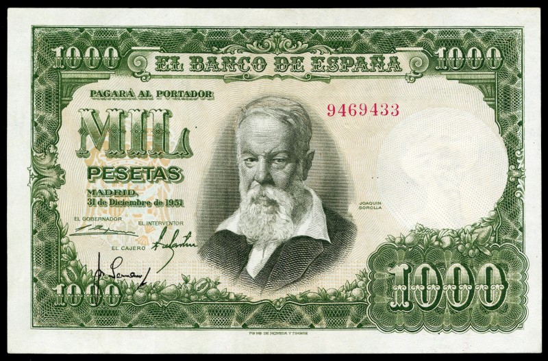 1000 pesetas. 1951. Madrid. (Ed 2017-463). 31 de diciembre, Joaquín Sorolla. Sin...