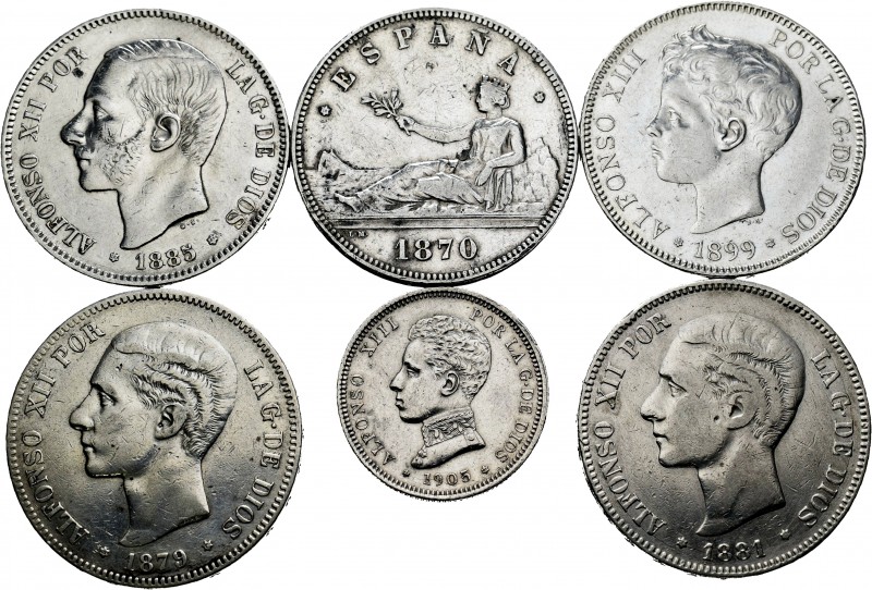 Centenario de la Peseta (1868-1931). Lote de 6 monedas de plata, 5 pesetas 1870,...